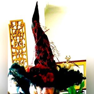 Witch hat Blood red & black Feathers skeletons, vines & flowers 1 of 19"…